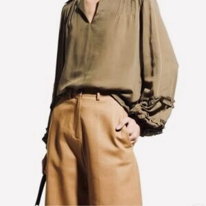 HARSHMAN Sage Green Kuniko Blouse Top 100% Rayon with Ruffled Long Sleeves.